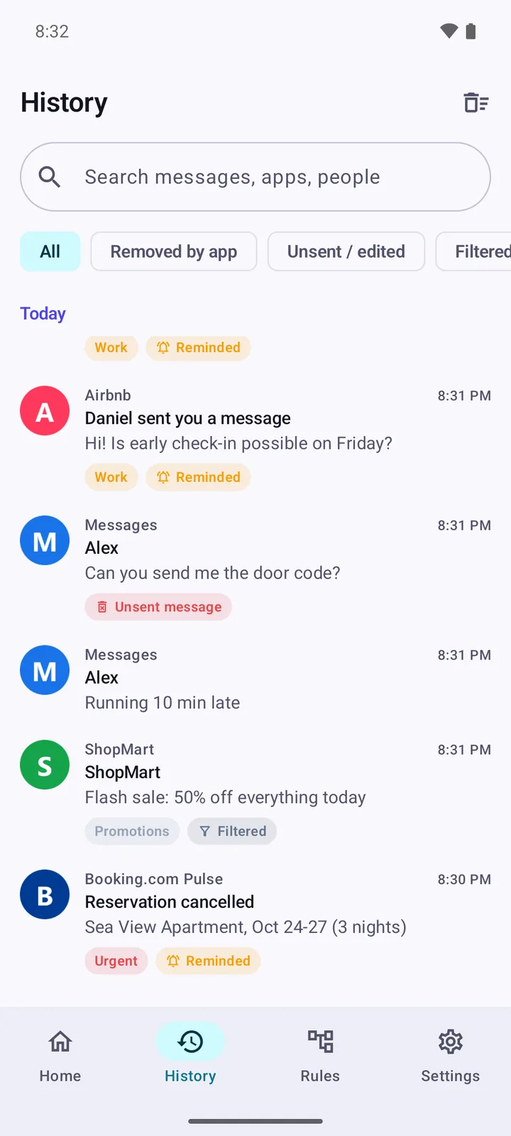 History: an Airbnb guest message, an unsent chat message that Heed kept, and a ShopMart promotion that was filtered out but stays searchable.